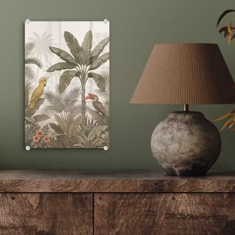Glas schilderij - Vogel - Jungle - Tropisch - Illustratie - Groen — 4
