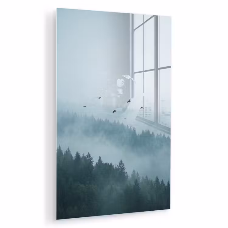 Glas schilderij - Bos - Mist - Vogels - Natuur - Groen — 1