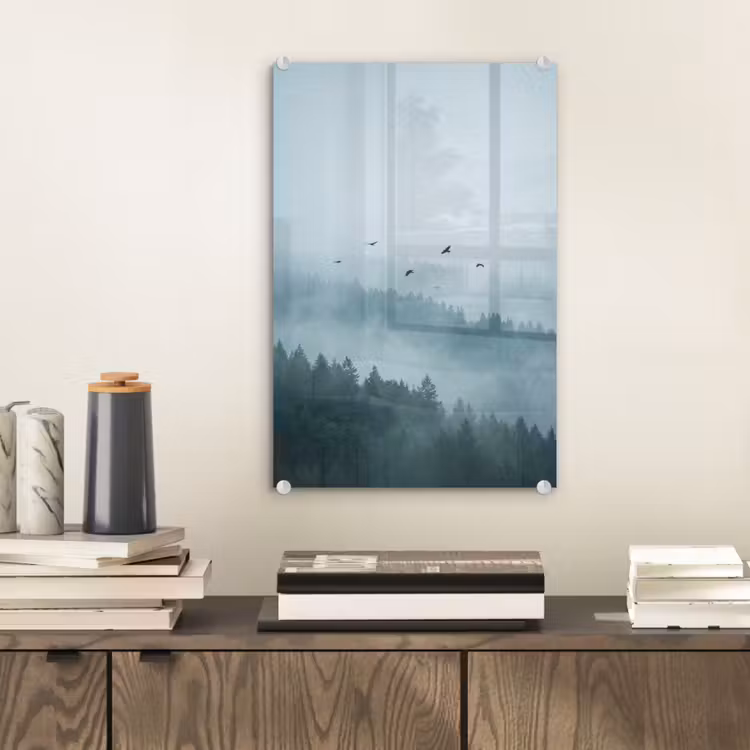 Glas schilderij - Bos - Mist - Vogels - Natuur - Groen — 2