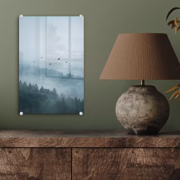 Glas schilderij - Bos - Mist - Vogels - Natuur - Groen — 4