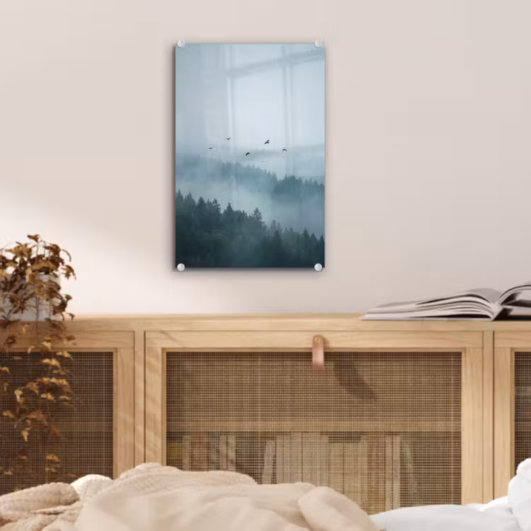 Glas schilderij - Bos - Mist - Vogels - Natuur - Groen — 5