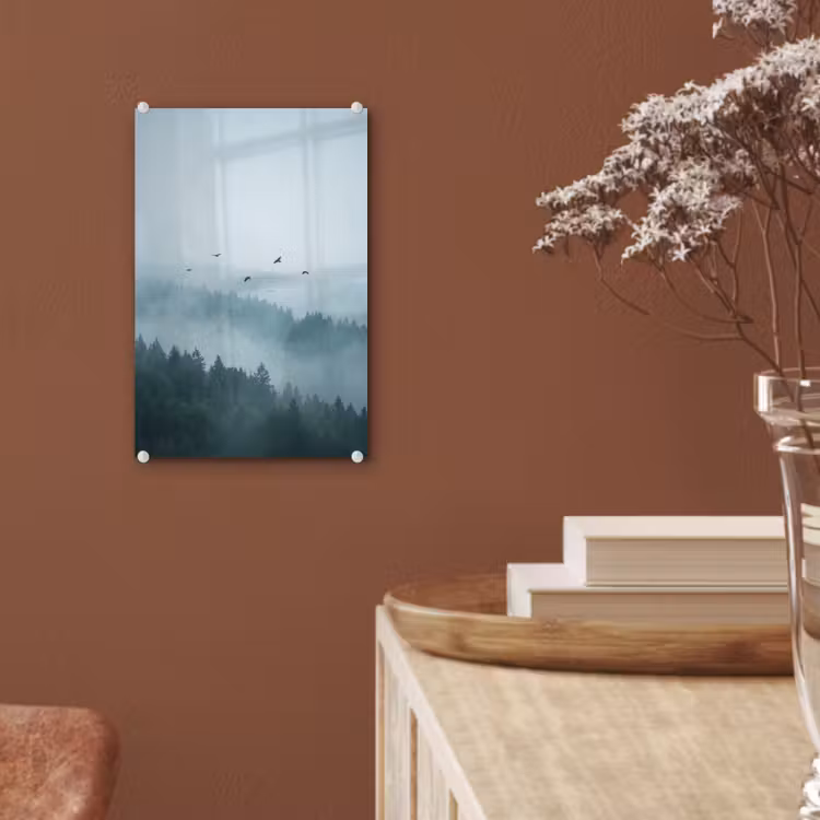 Glas schilderij - Bos - Mist - Vogels - Natuur - Groen — 6