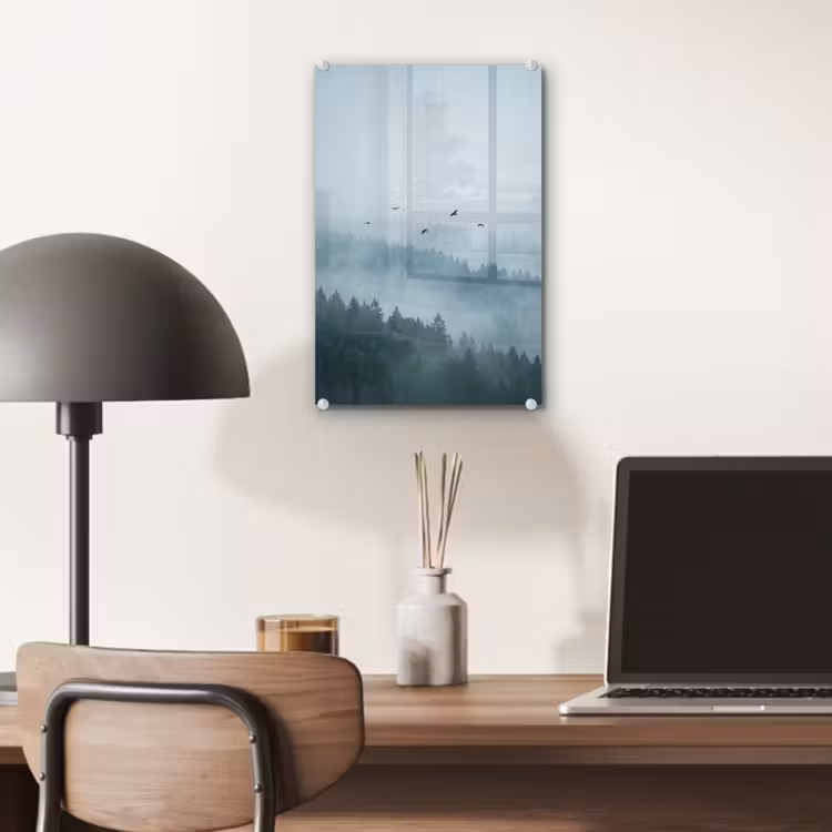 Glas schilderij - Bos - Mist - Vogels - Natuur - Groen — 7