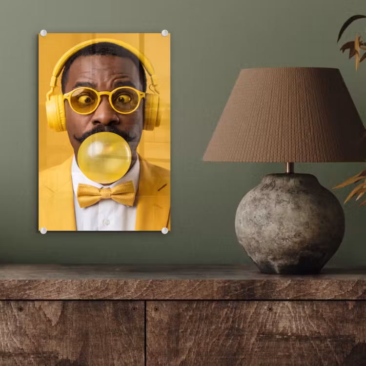 Glas schilderij - Man - Bubblegum - Portret - Geel - Modern — 4
