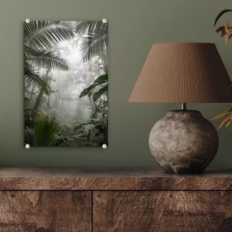 Glas schilderij - Natuur - Jungle - Mist - Groen - Bladeren — 4
