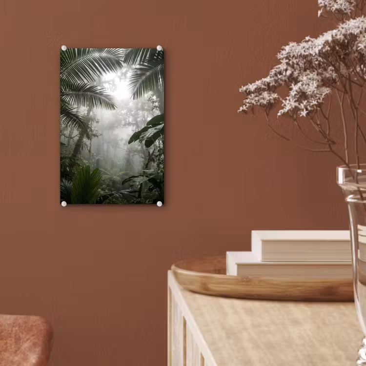 Glas schilderij - Natuur - Jungle - Mist - Groen - Bladeren — 6
