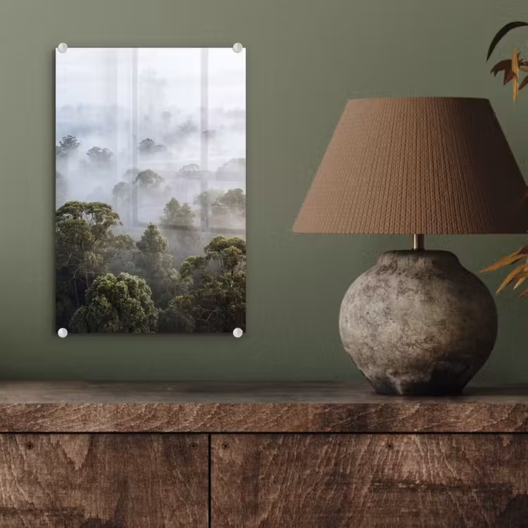 Glas schilderij - Natuur - Mist - Bos - Ochtend - Goud — 4