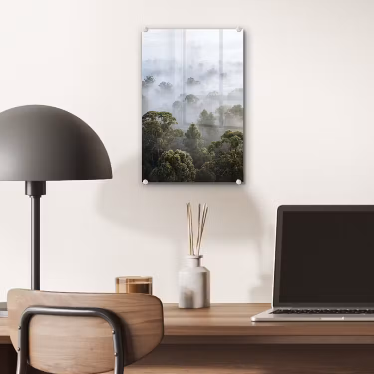 Glas schilderij - Natuur - Mist - Bos - Ochtend - Goud — 7