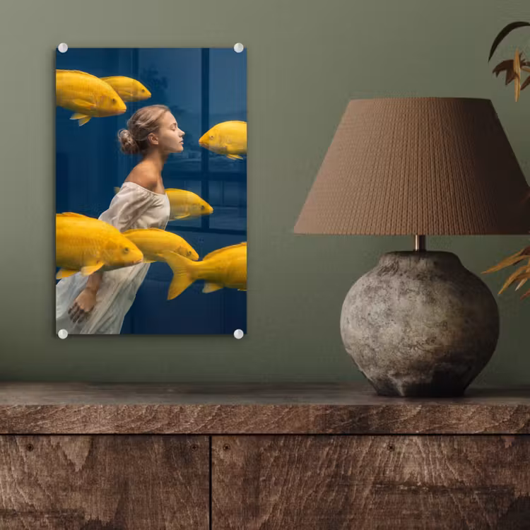 Glas schilderij - Vrouw - Vis - Water - Natuur - Geel — 4