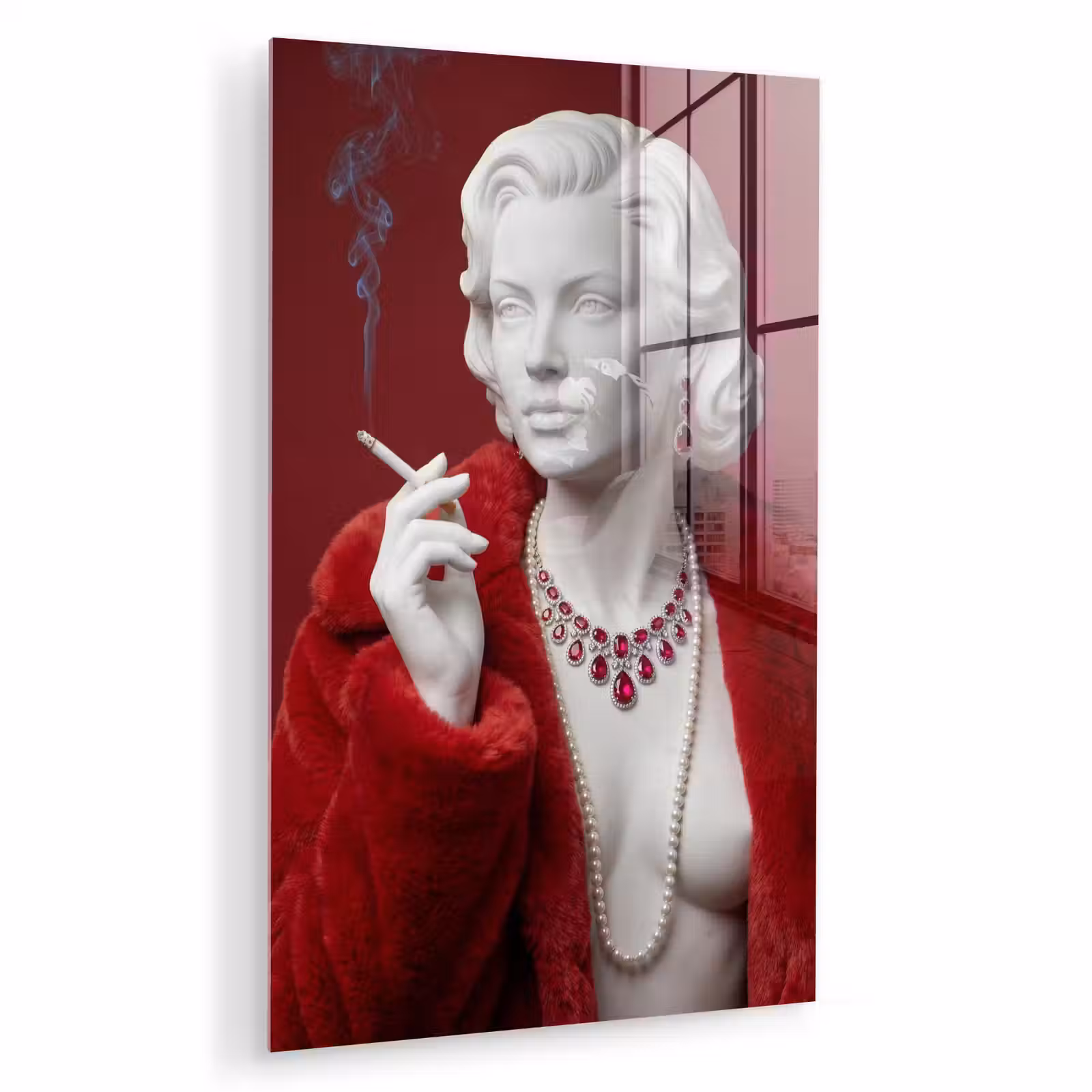 Glas schilderij - Vrouw - Bontjas - Mode - Klassiek - Rood — 1