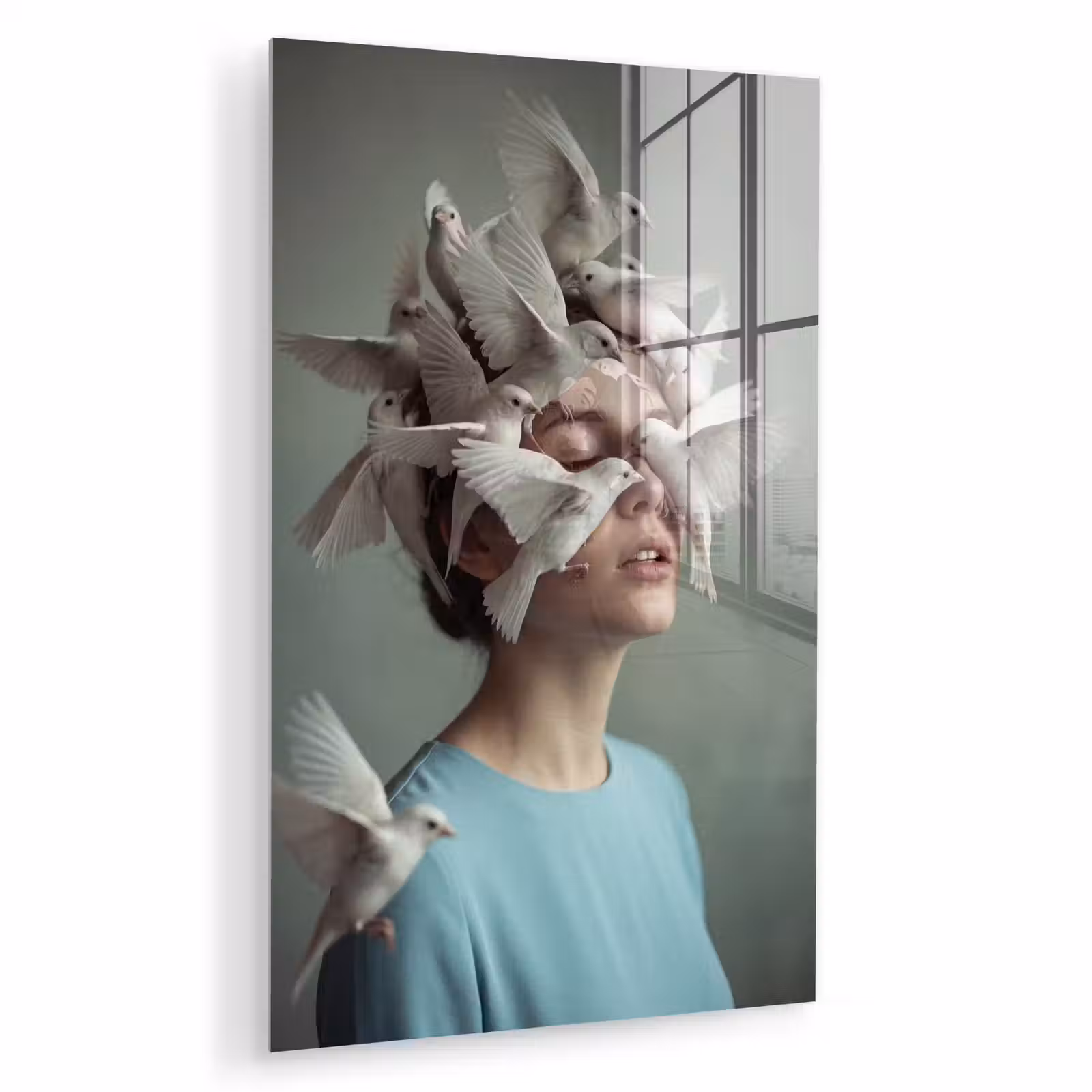 Glas schilderij - Vrouw - Vogels - Abstract - Modern - Wit — 1