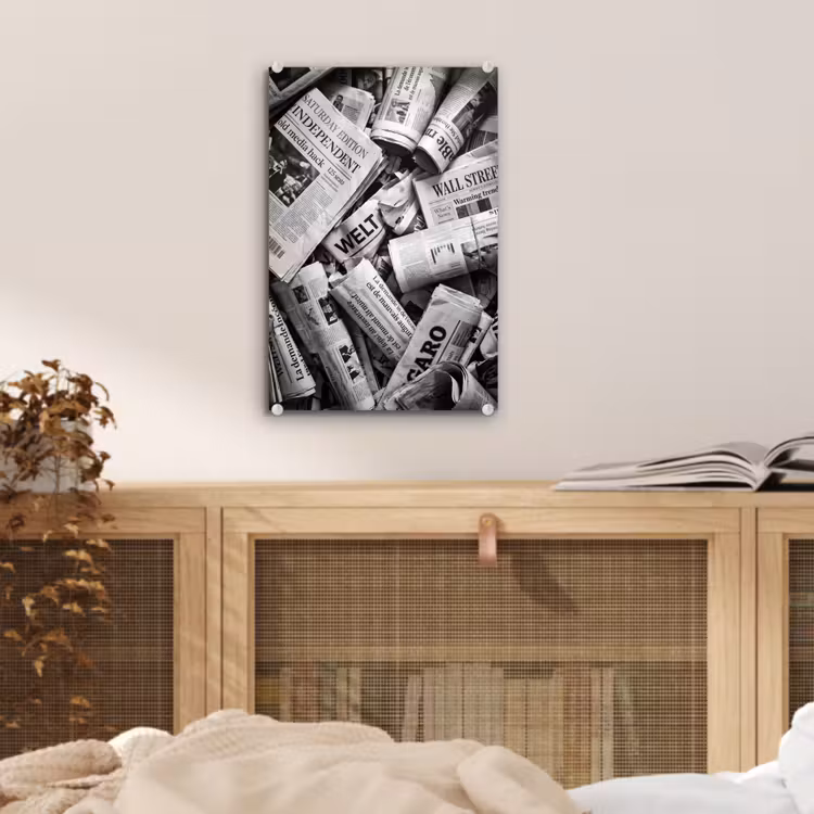 Glas schilderij - Krant - Stapel - Nieuws - Zwart-wit — 5