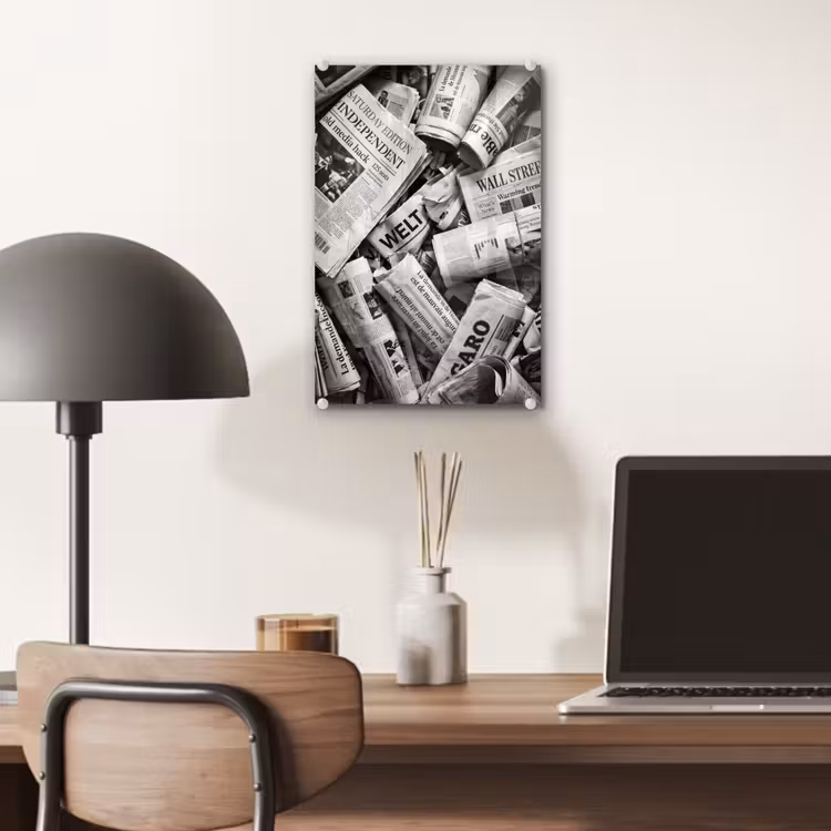 Glas schilderij - Krant - Stapel - Nieuws - Zwart-wit — 7
