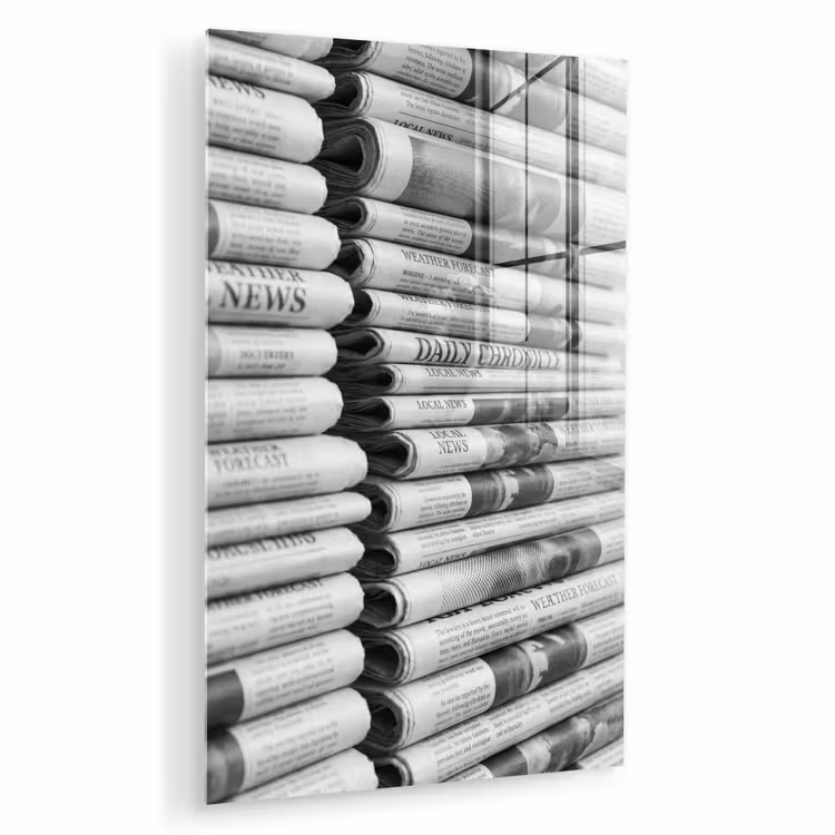Glas schilderij - Krant - Stapel - Nieuws - Zwart-wit - Media — 1