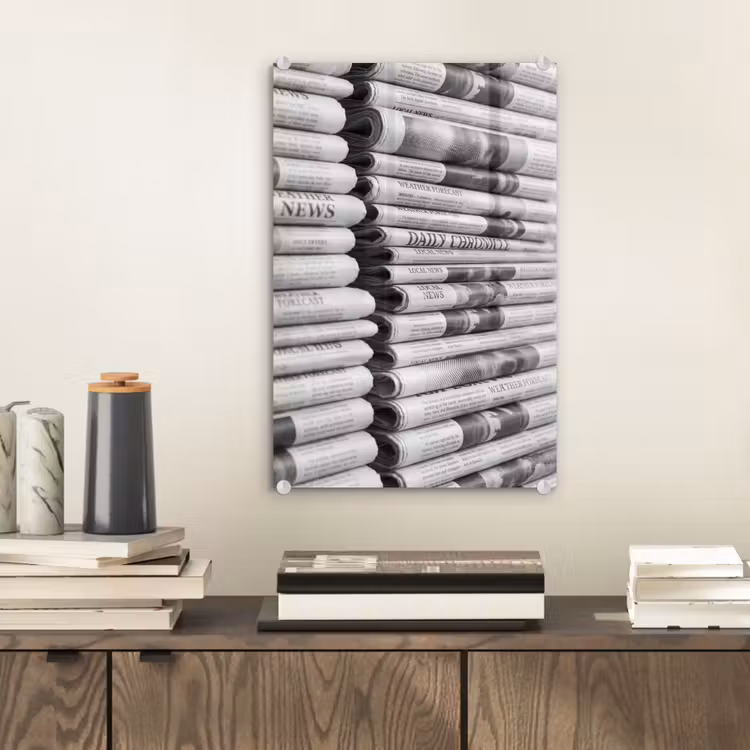 Glas schilderij - Krant - Stapel - Nieuws - Zwart-wit - Media — 2