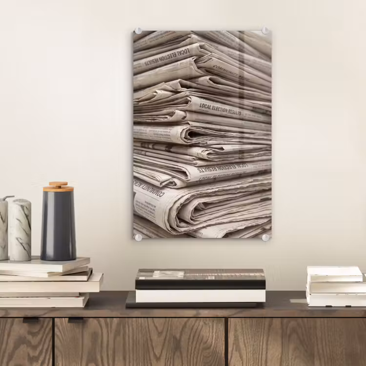 Glas schilderij - Kranten - Stapel - Nieuws - Vintage - Beige — 2