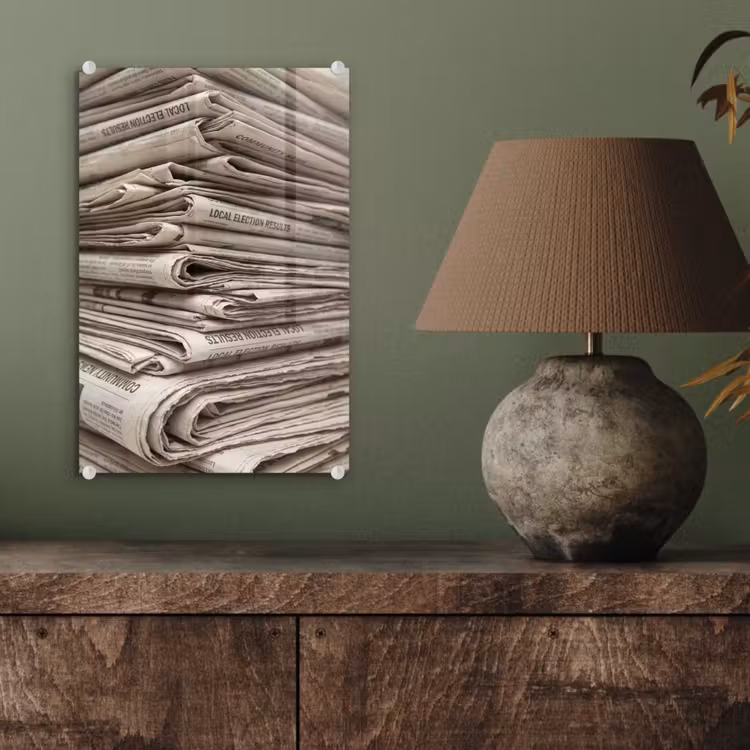 Glas schilderij - Kranten - Stapel - Nieuws - Vintage - Beige — 4