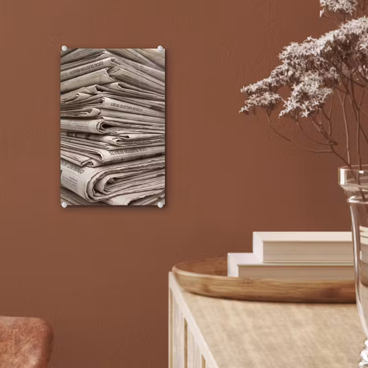 Glas schilderij - Kranten - Stapel - Nieuws - Vintage - Beige — 6