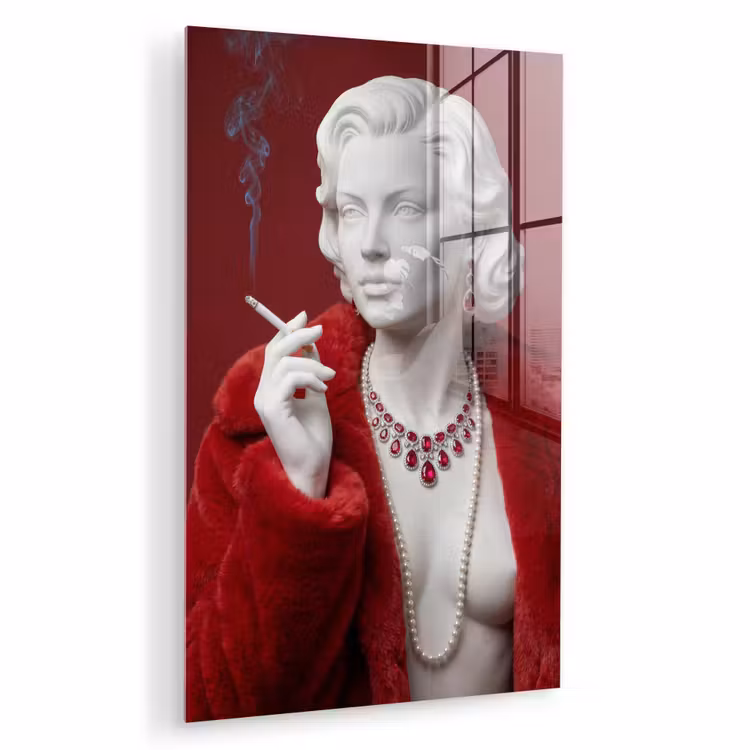 Glas schilderij - Vrouw - Bontjas - Mode - Klassiek - Rood — 1