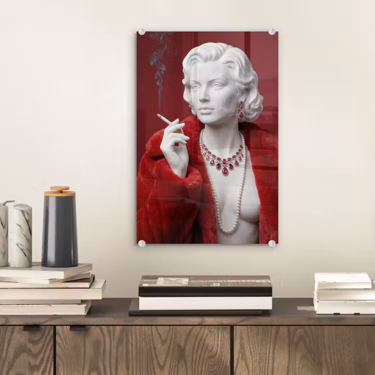 Glas schilderij - Vrouw - Bontjas - Mode - Klassiek - Rood — 2