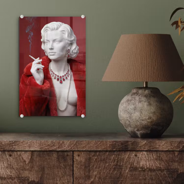 Glas schilderij - Vrouw - Bontjas - Mode - Klassiek - Rood — 4