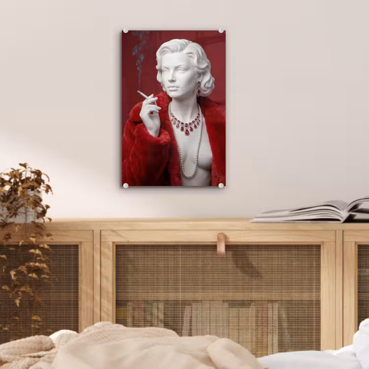 Glas schilderij - Vrouw - Bontjas - Mode - Klassiek - Rood — 5