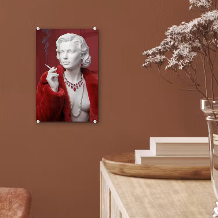 Glas schilderij - Vrouw - Bontjas - Mode - Klassiek - Rood — 6