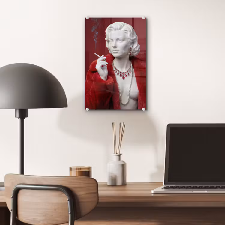 Glas schilderij - Vrouw - Bontjas - Mode - Klassiek - Rood — 7
