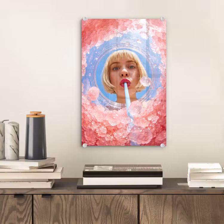 Glas schilderij - Vrouw - Drank - Zomer - Roze - Blauw — 2