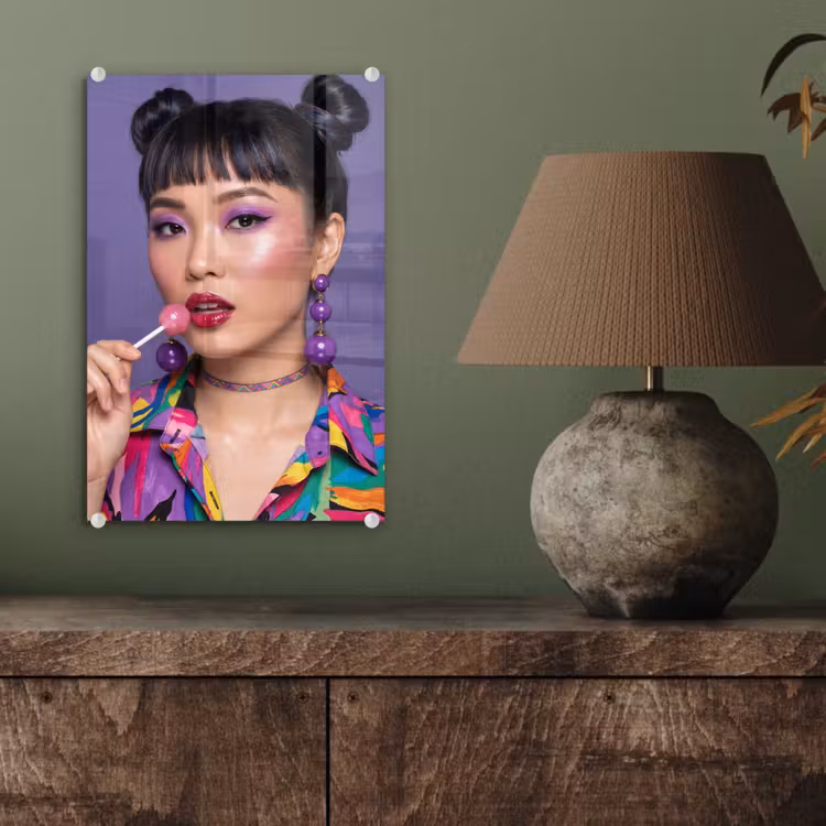 Glas schilderij - Vrouw - Portret - Make-up - Paars - Levendig — 4