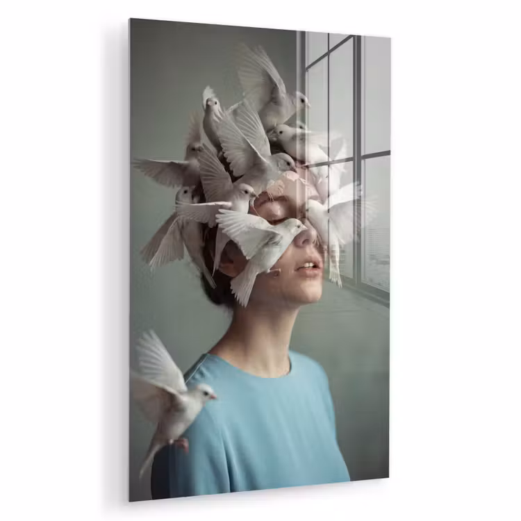 Glas schilderij - Vrouw - Vogels - Abstract - Modern - Wit — 1