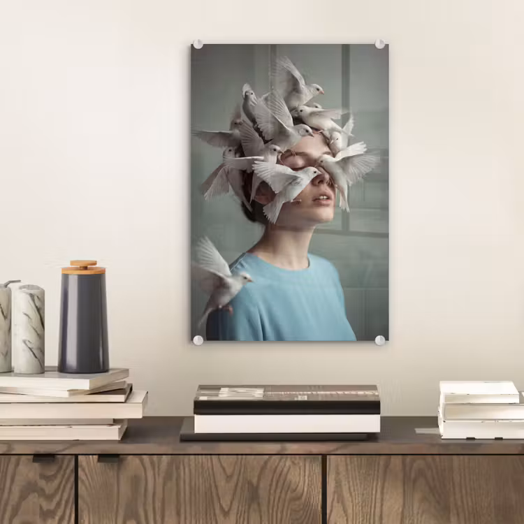 Glas schilderij - Vrouw - Vogels - Abstract - Modern - Wit — 2