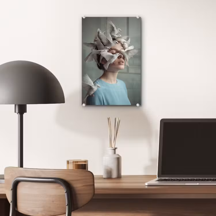 Glas schilderij - Vrouw - Vogels - Abstract - Modern - Wit — 7