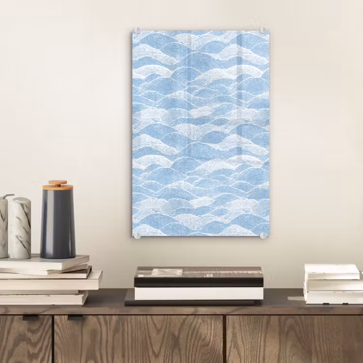 Glas schilderij - Blauw - Wit - Golven - Getekend — 2