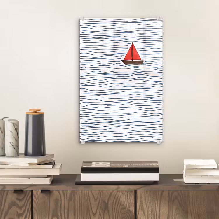Glas schilderij - Boot - Water - Rood - Illustratie - Minimalistisch — 2