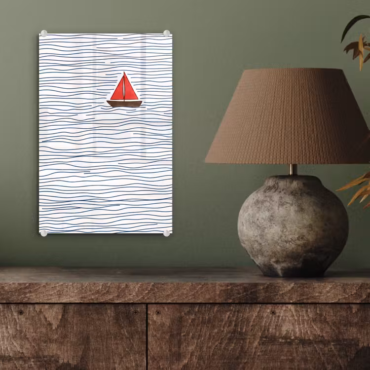 Glas schilderij - Boot - Water - Rood - Illustratie - Minimalistisch — 4