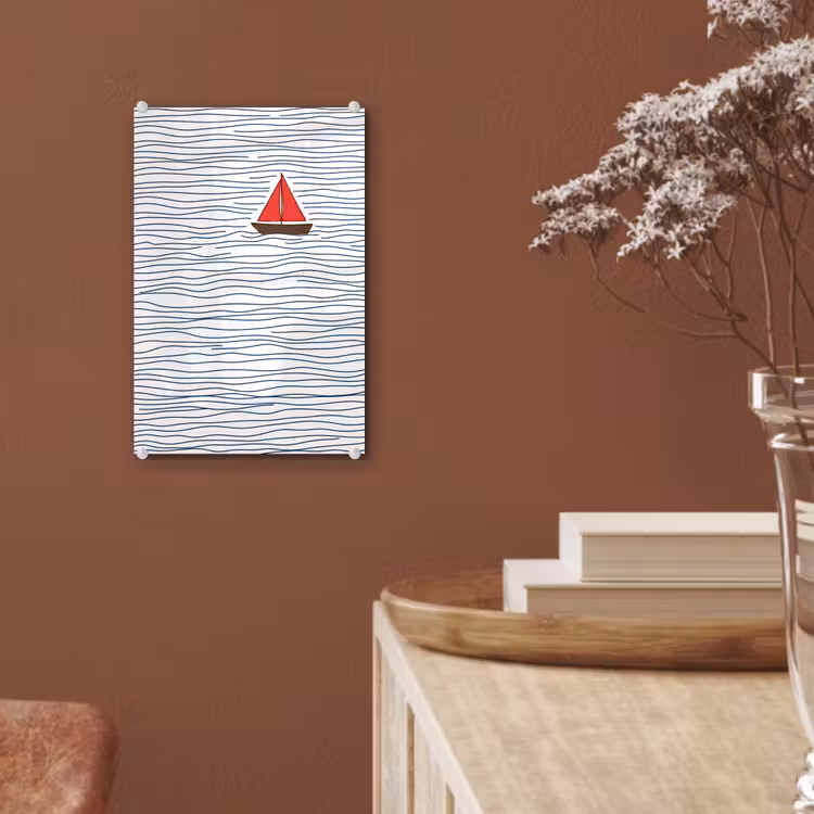 Glas schilderij - Boot - Water - Rood - Illustratie - Minimalistisch — 6