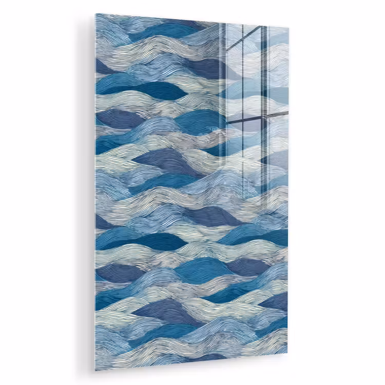 Glas schilderij - Getekend - Blauw - Wit - Golvend - Streepjes — 1