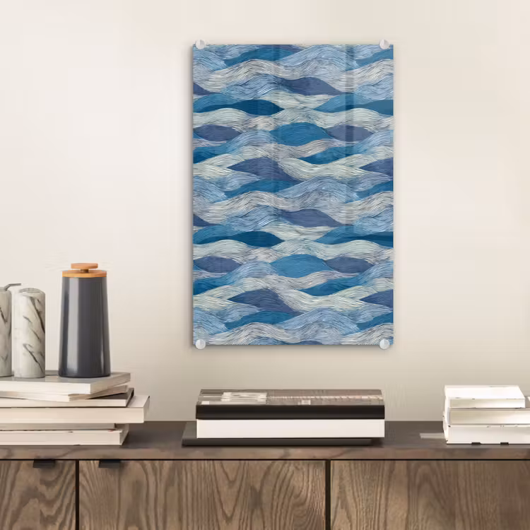 Glas schilderij - Getekend - Blauw - Wit - Golvend - Streepjes — 2