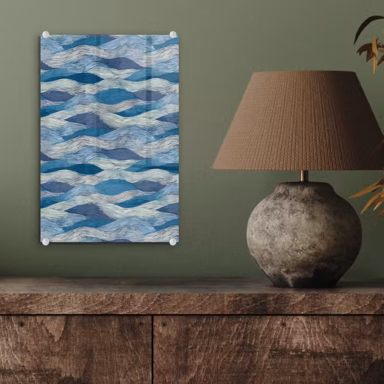 Glas schilderij - Getekend - Blauw - Wit - Golvend - Streepjes — 4