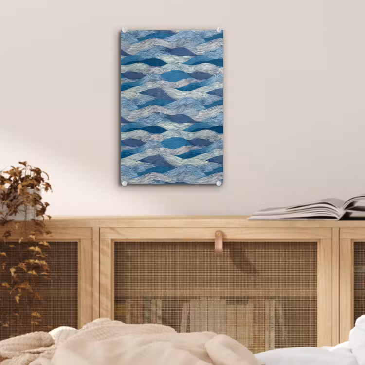 Glas schilderij - Getekend - Blauw - Wit - Golvend - Streepjes — 5
