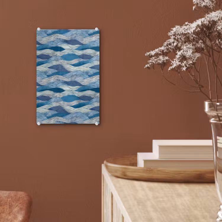 Glas schilderij - Getekend - Blauw - Wit - Golvend - Streepjes — 6