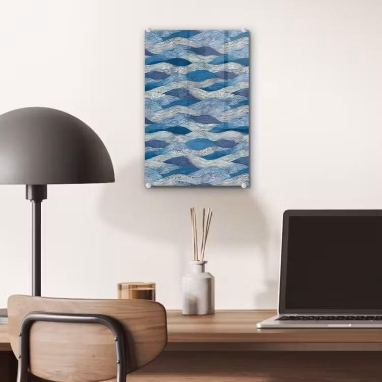 Glas schilderij - Getekend - Blauw - Wit - Golvend - Streepjes — 7