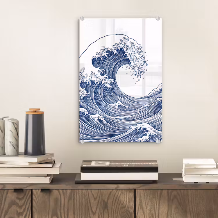 Glas schilderij - Golf - Japans - Zee - Illustratie - Blauw — 2