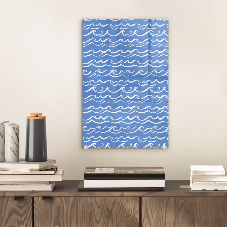 Glas schilderij - Blauw - Wit - Simpel - Getekend - Golven — 2