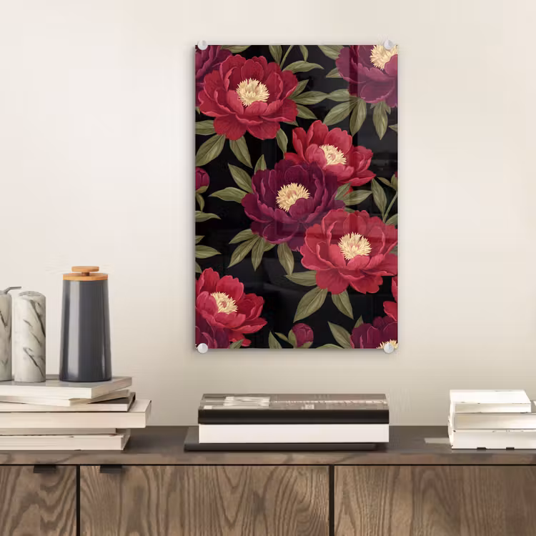 Glas schilderij - Bloemen - Patroon - Botanisch - Rood - Zwart — 2