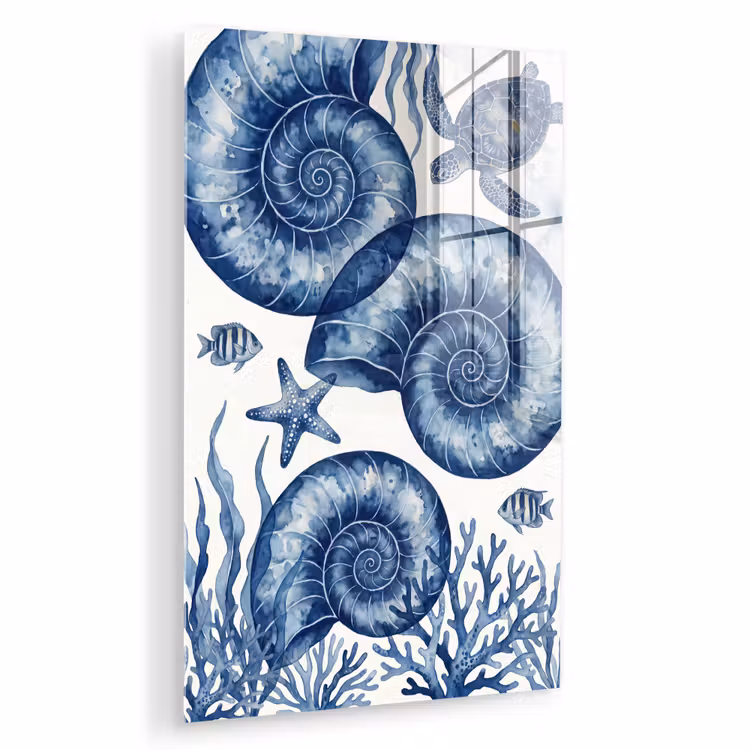Glas schilderij - Schelp - Spiraal - Zeeleven - Aquarel - Blauw — 1
