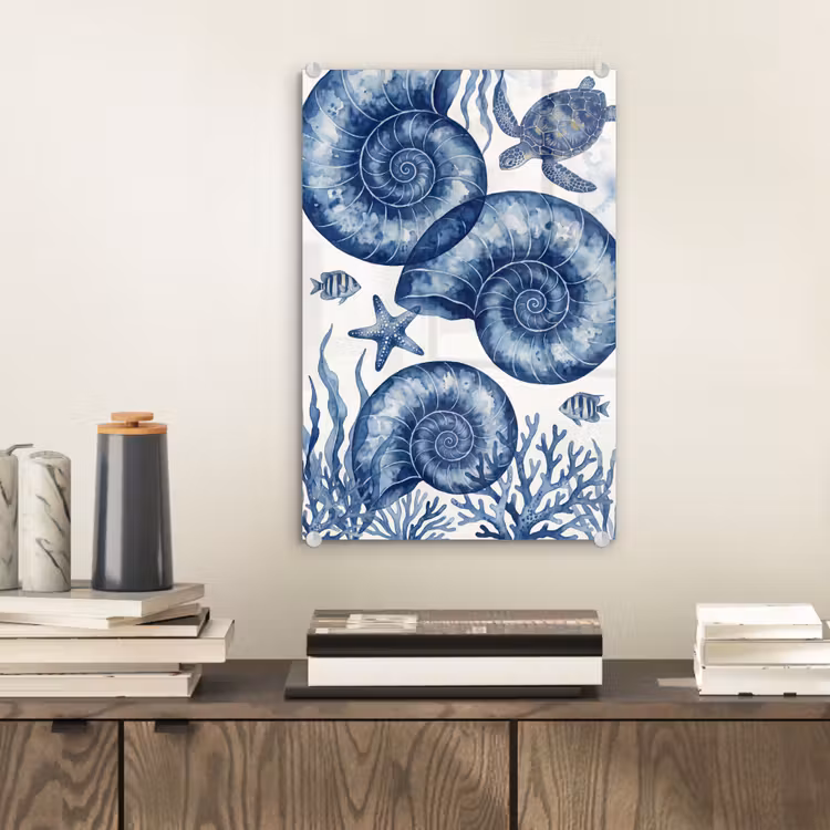 Glas schilderij - Schelp - Spiraal - Zeeleven - Aquarel - Blauw — 2