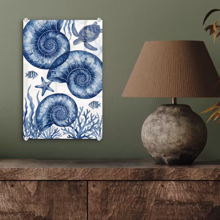 Glas schilderij - Schelp - Spiraal - Zeeleven - Aquarel - Blauw — 4