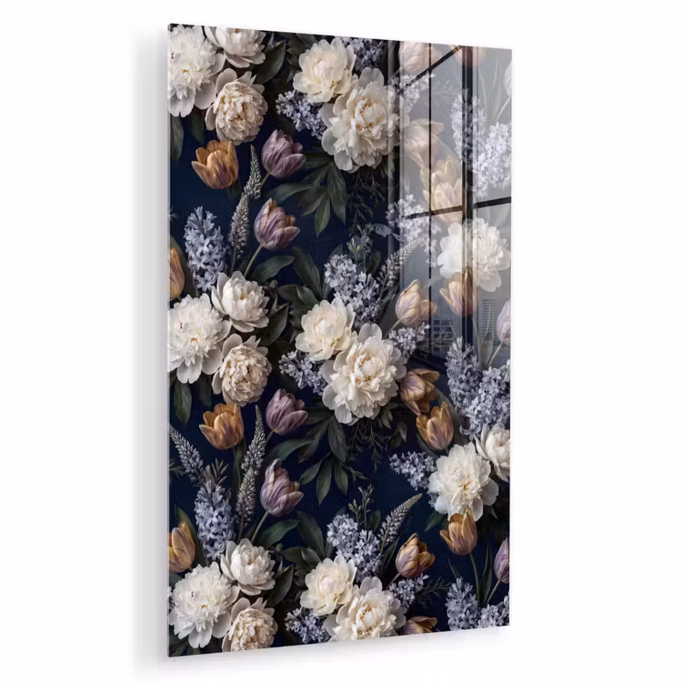 Glas schilderij - Bloemen - Donker - Elegant - Natuur - Wit — 1